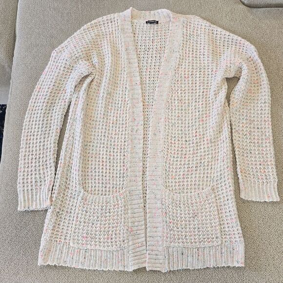 Express Sweaters - Express Factory Cream Pale Pink Colorful Speckles Open Waffle Cardigan - Medium